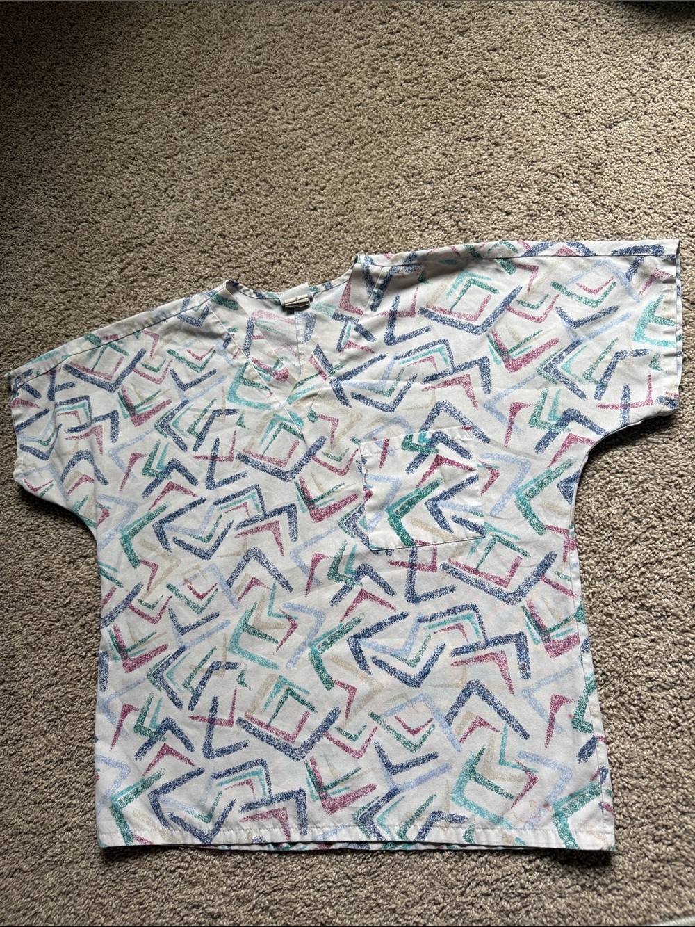 Scrubs- Women's White Geometric Print V-Neck Top